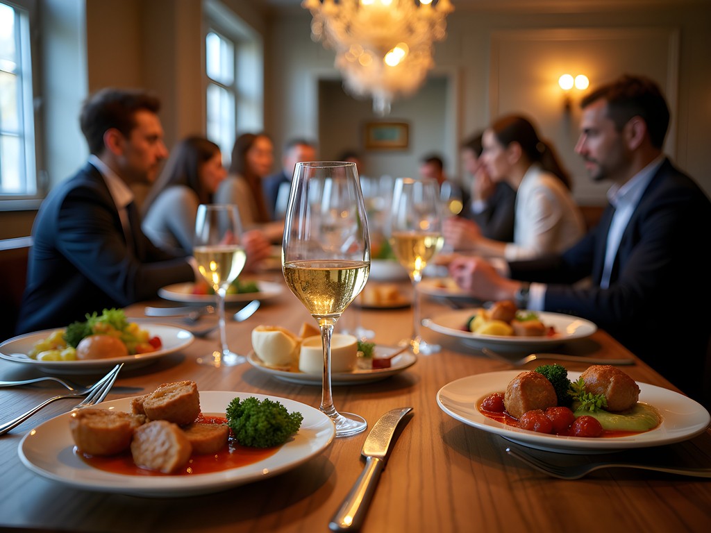 Business dinner with traditional Polish food and drinks in an upscale Poznan restaurant