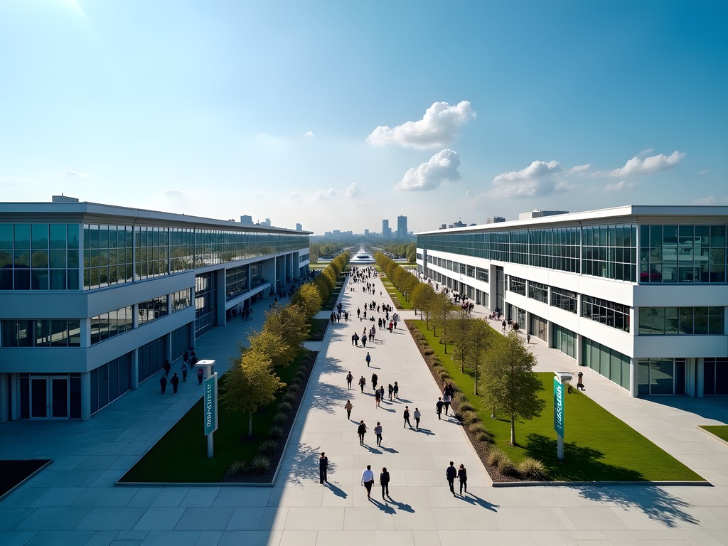 Aerial view of Poznan International Fair exhibition complex with modern architecture