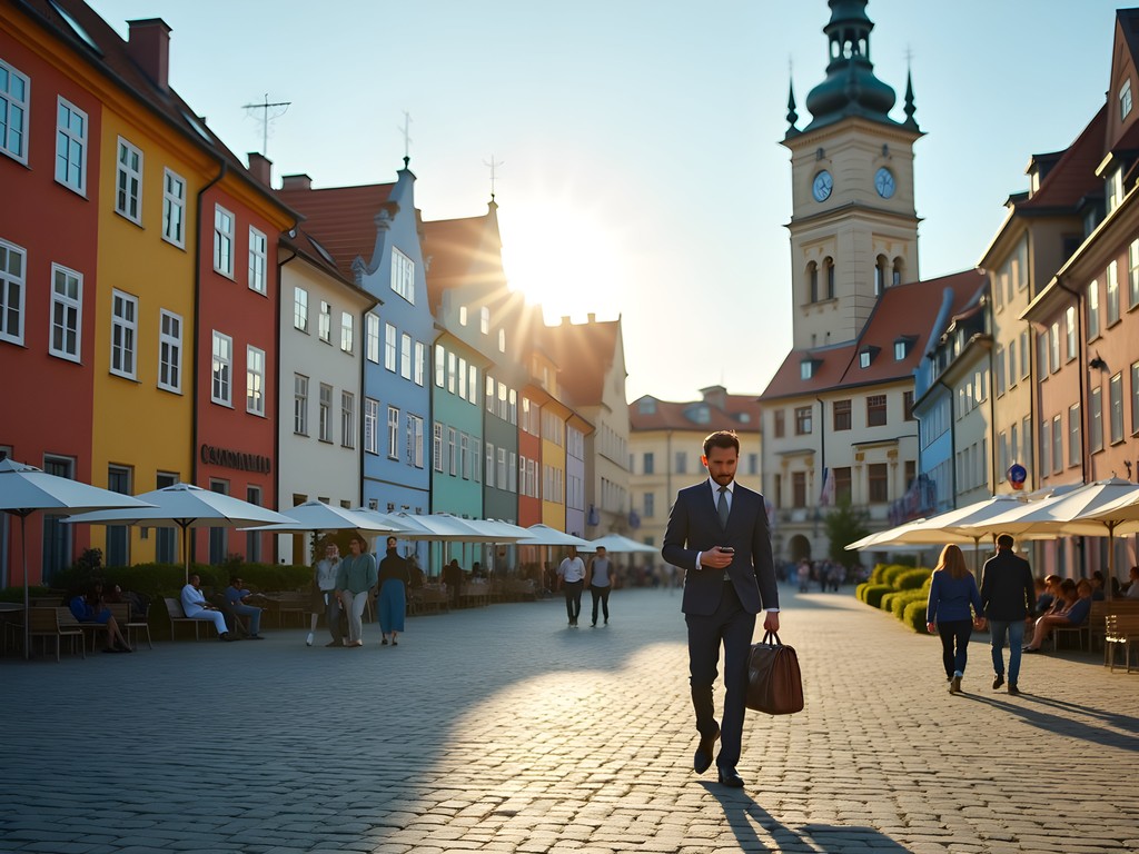 Business traveler navigating Poznan's colorful Old Market Square with briefcase