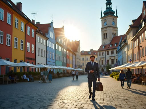 Business traveler navigating Poznan's colorful Old Market Square with briefcase