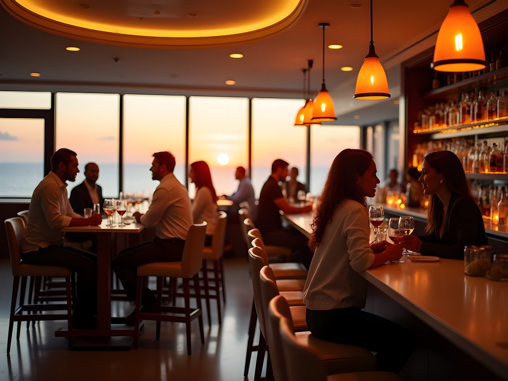 Business professionals networking at upscale bar with ocean views in Praia