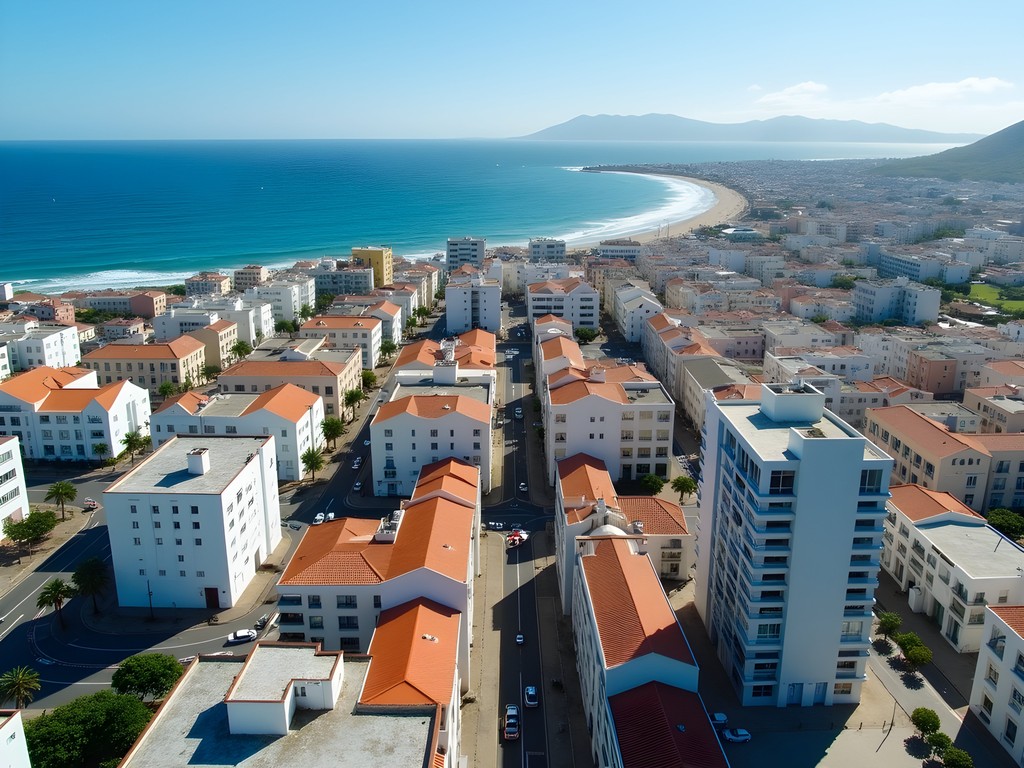 Aerial view of Praia's Plateau business district with Atlantic Ocean backdrop