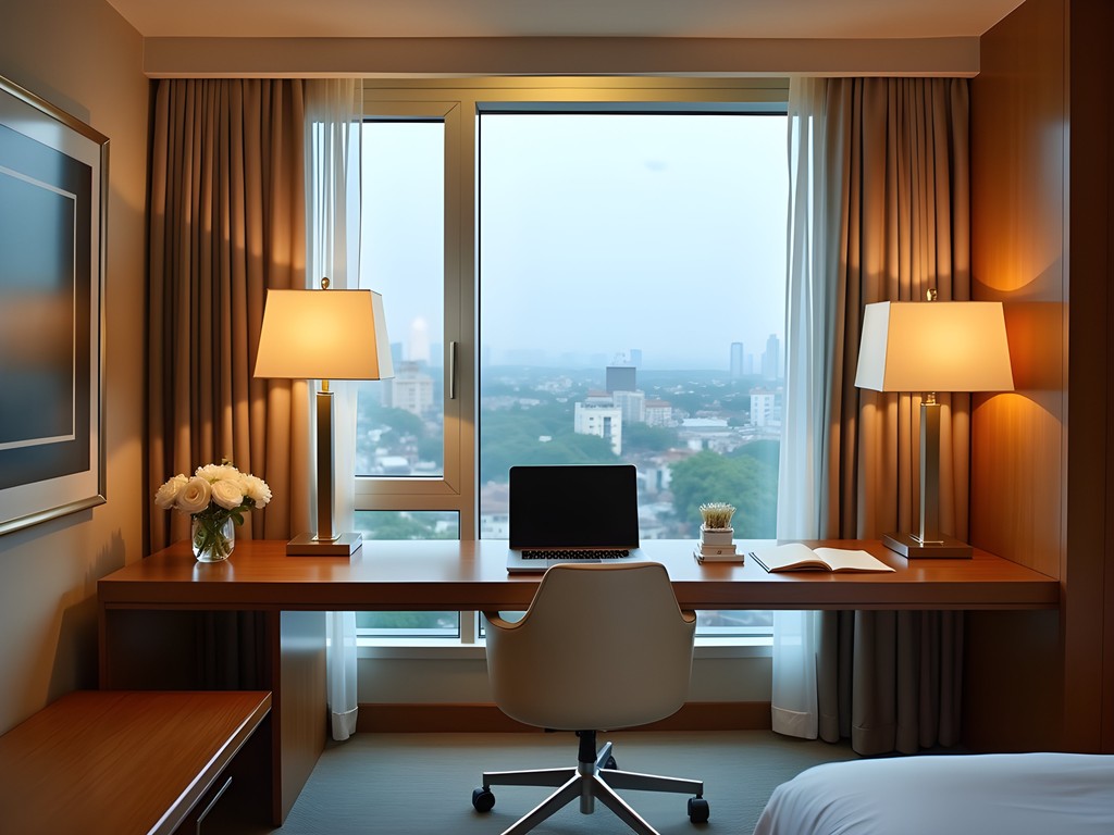 Elegant hotel workspace in luxury Pune accommodation with city views