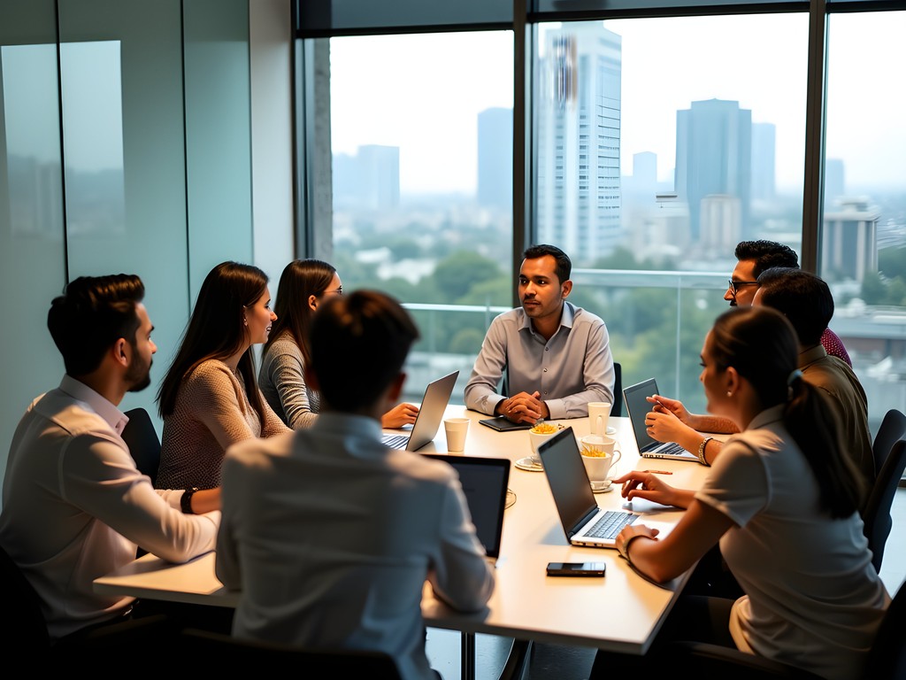Business professionals in discussion in a modern Pune office space