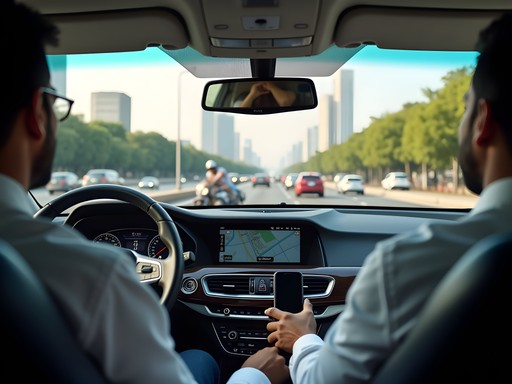 Business traveler navigating Pune traffic with driver and digital maps