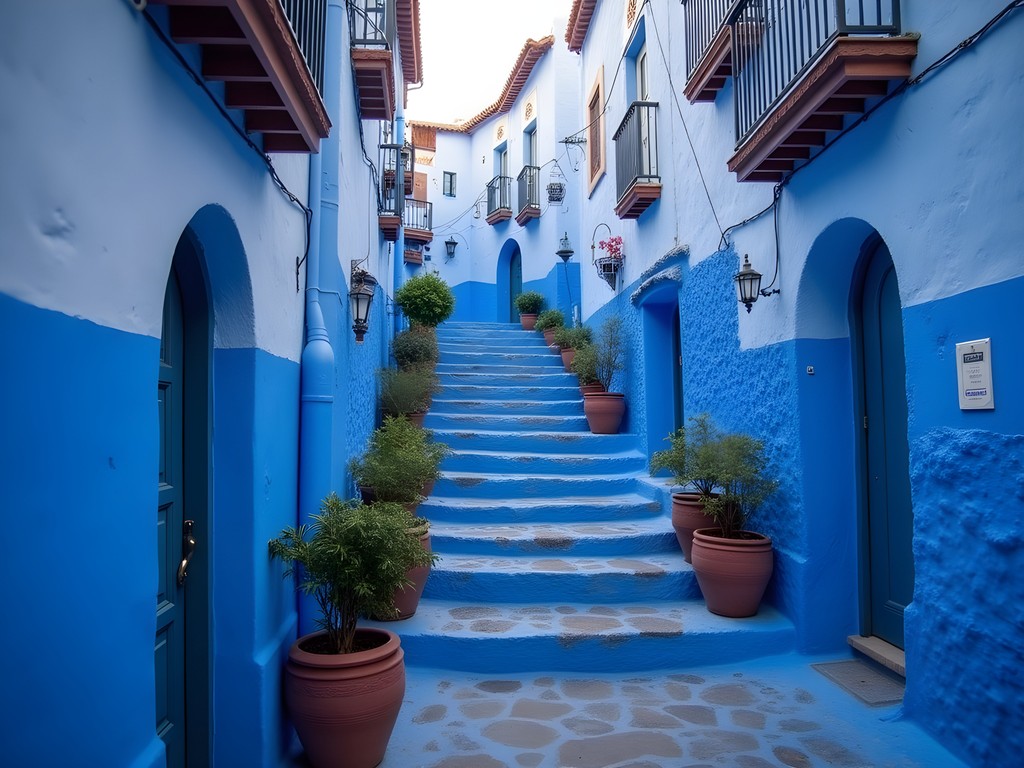 The distinctive blue streets and buildings of Chefchaouen in Morocco's Rif Mountains