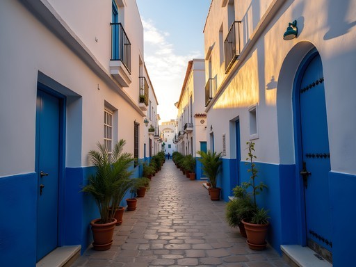 Early morning light illuminating the blue and white alleyways of Kasbah of the Udayas in Rabat