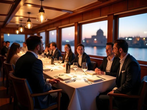 Business dinner aboard Le Dhow restaurant ship on Bouregreg River with Kasbah views at sunset
