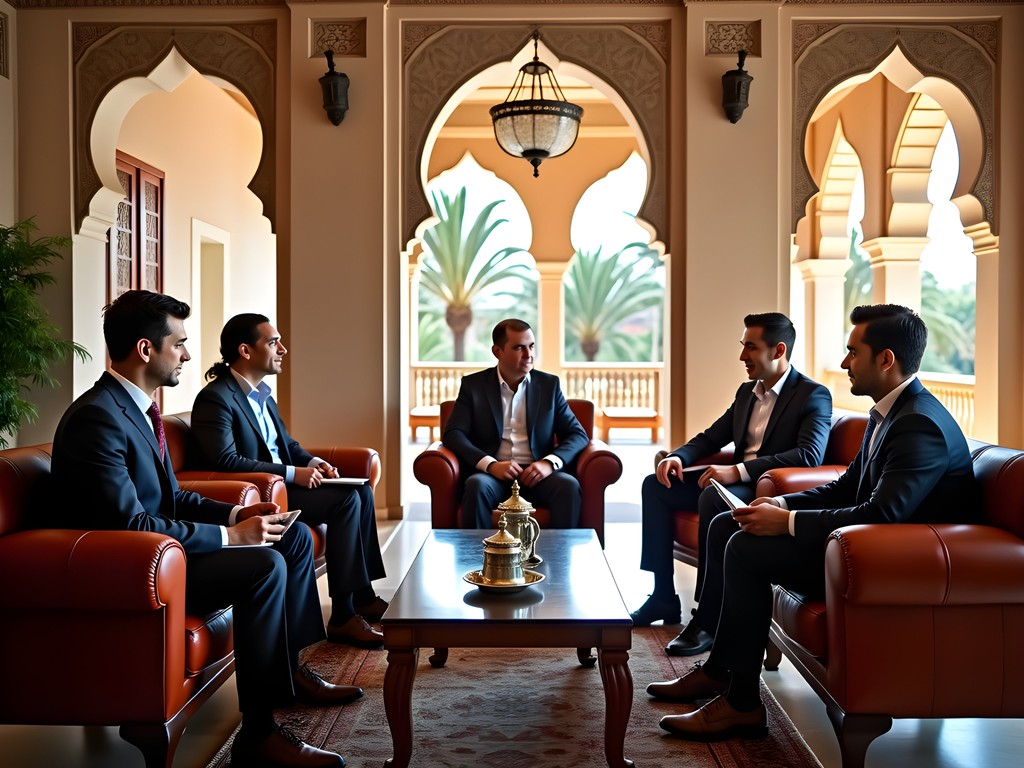 Business meeting in traditional Moroccan setting with executives around low table with mint tea service