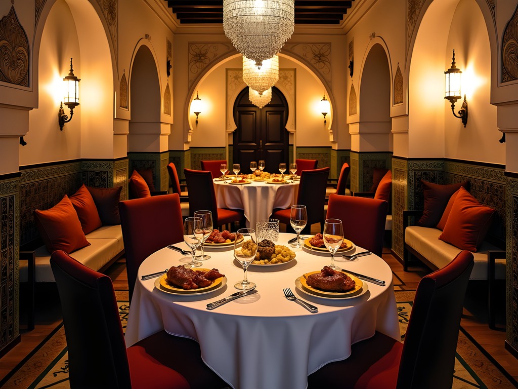 Elegant private dining room in a traditional Moroccan riad set for business dinner with authentic cuisine