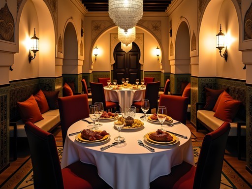 Elegant private dining room in a traditional Moroccan riad set for business dinner with authentic cuisine