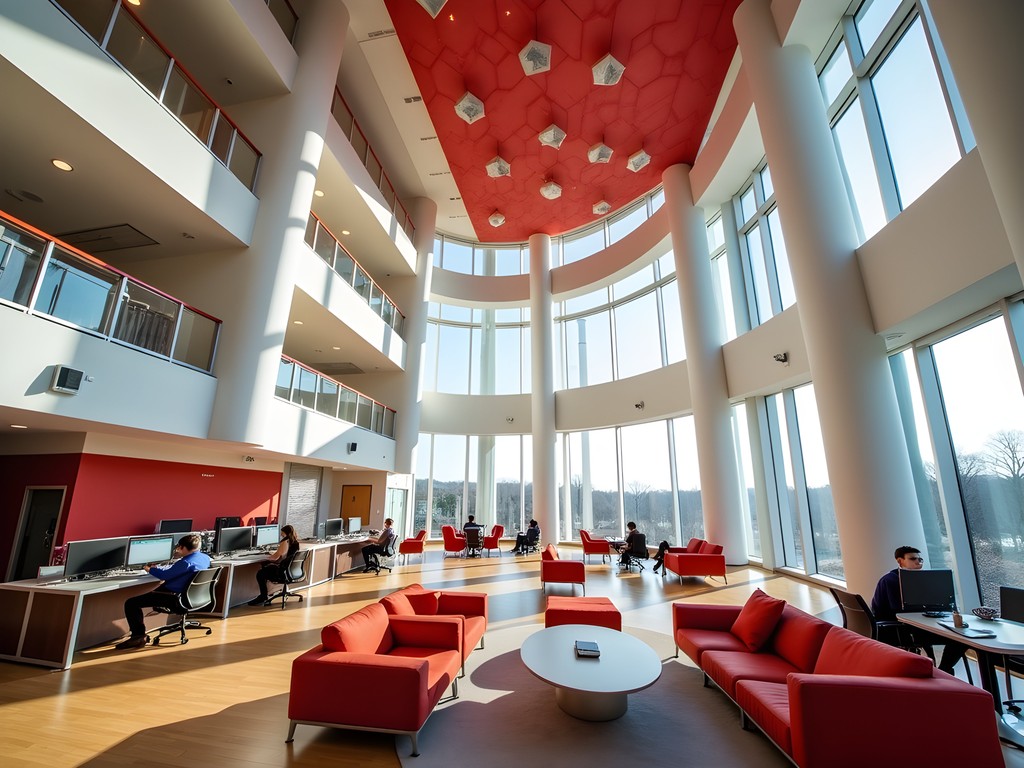 Futuristic interior of James B. Hunt Jr. Library with workspaces
