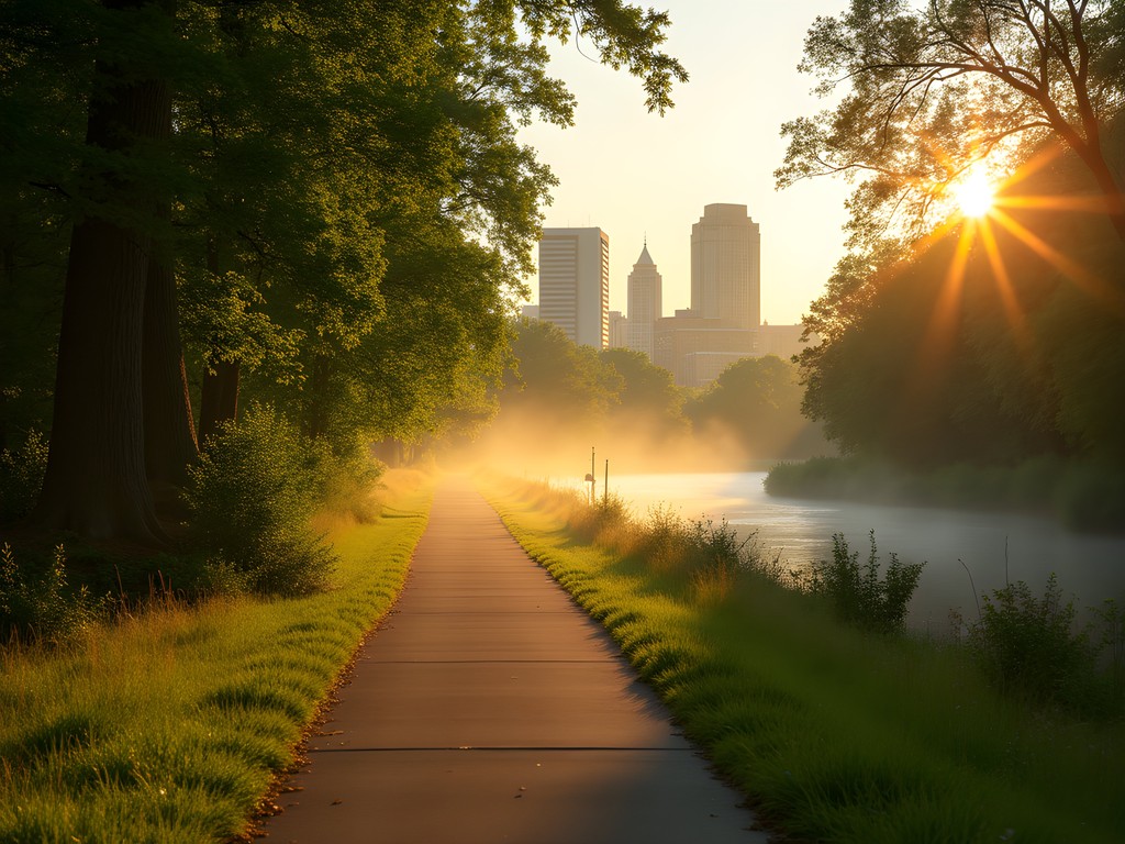 Business traveler jogging on Raleigh greenway trail in morning light