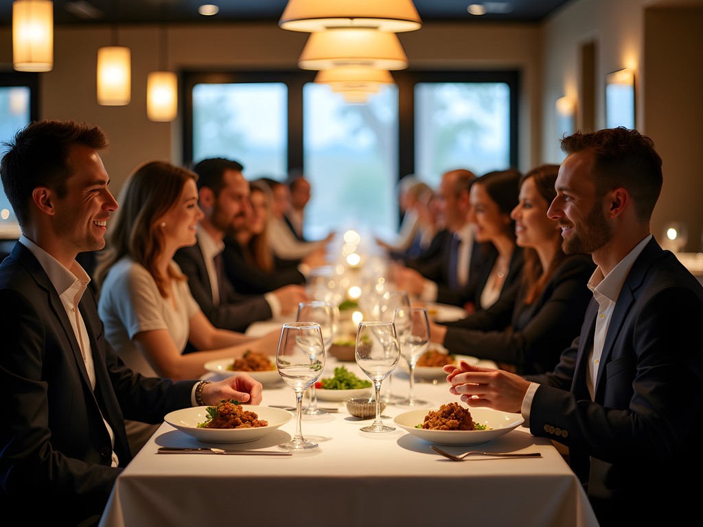 Professional business dinner meeting at upscale Rochester restaurant