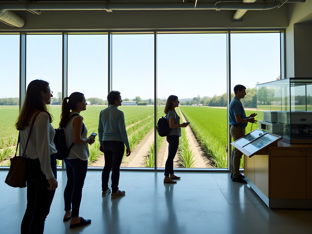 Business traveler touring agricultural research facility near Sacramento
