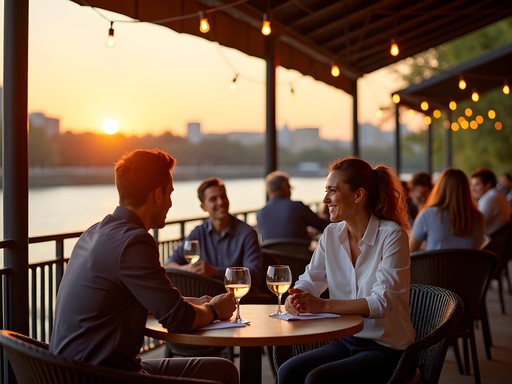 Business traveler unwinding at outdoor riverside venue in Sacramento at sunset