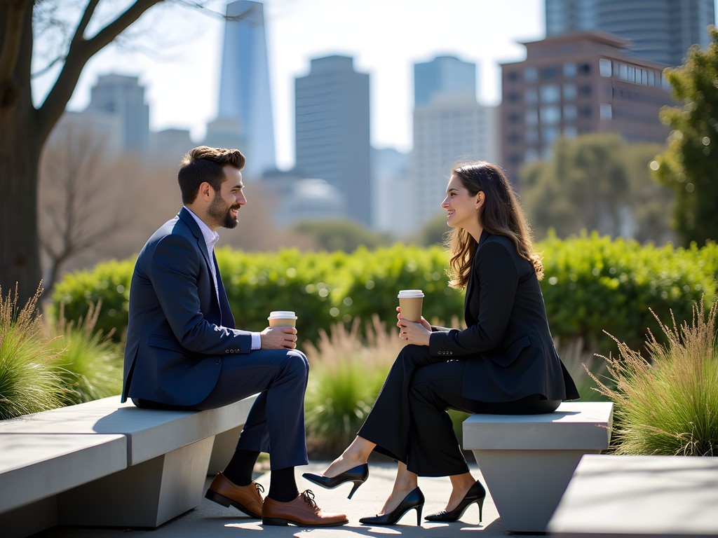 Business professionals having a meeting in Salesforce Park surrounded by greenery with San Francisco skyline
