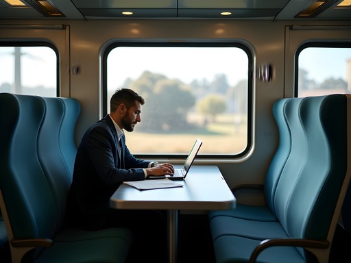 Business professional working productively on Caltrain commuting between San Francisco and Silicon Valley