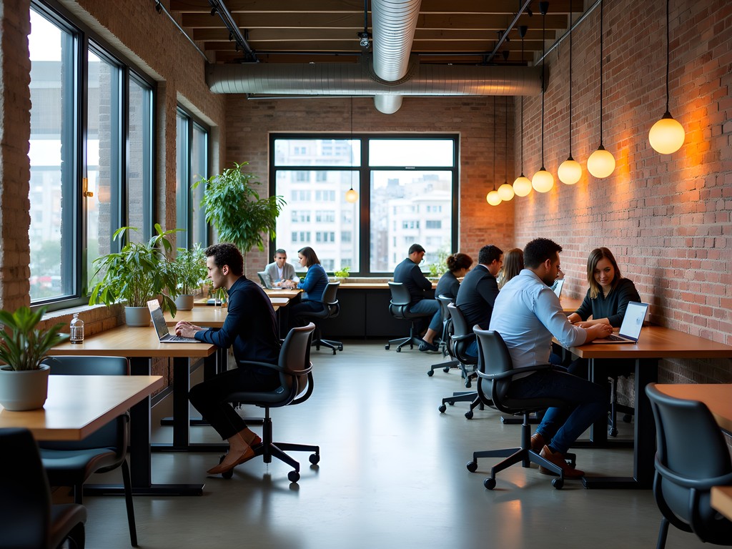 Modern co-working space in San Francisco with business professionals working in a collaborative environment