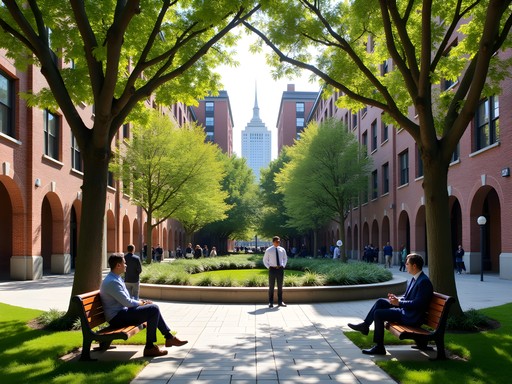 Business professionals networking in South Park, San Francisco, surrounded by historic buildings housing venture capital firms