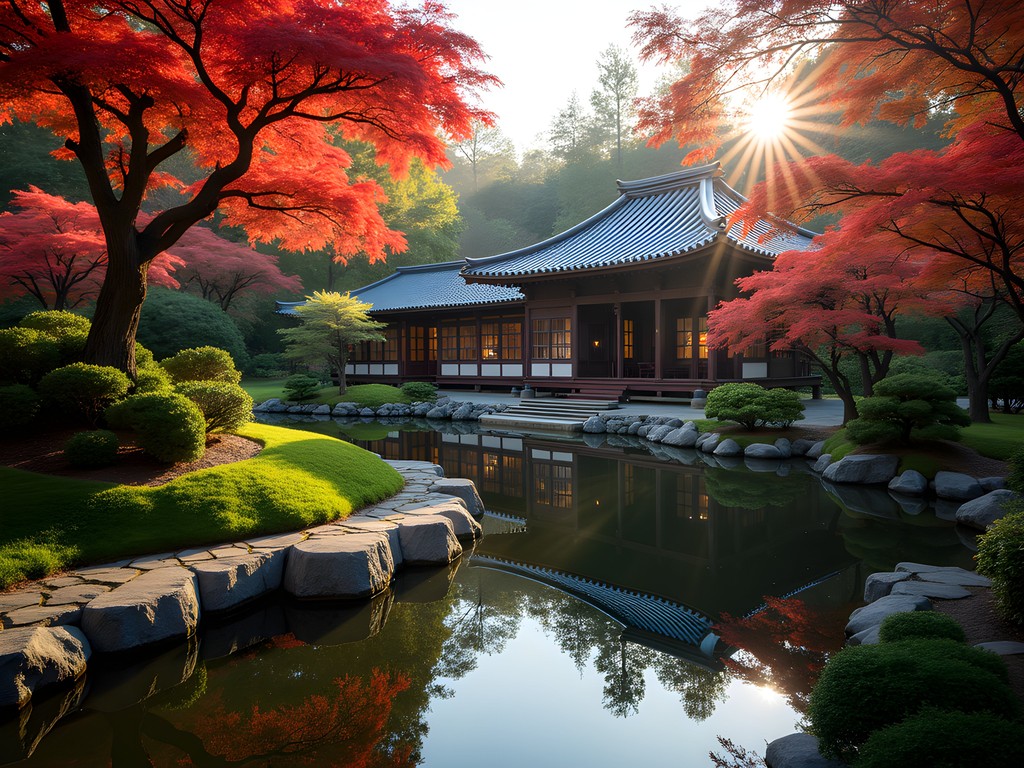 Tranquil Japanese garden with business traveler in reflection at Hakone Gardens