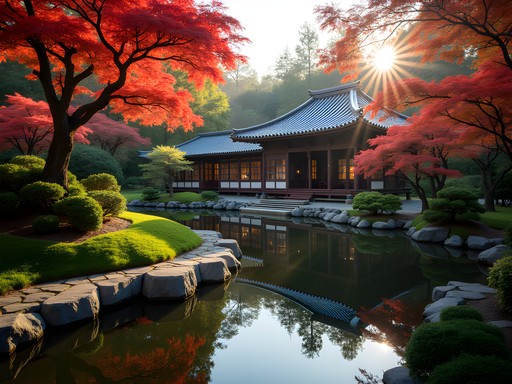 Tranquil Japanese garden with business traveler in reflection at Hakone Gardens