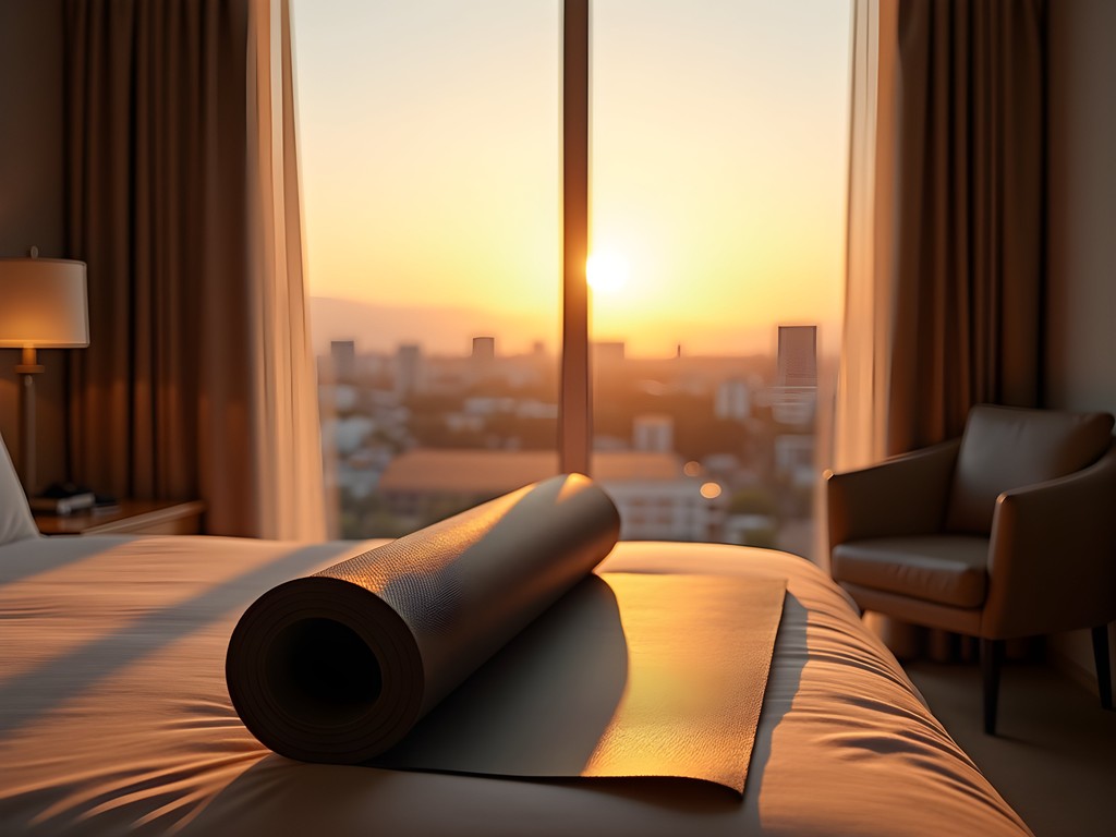 Business traveler practicing morning yoga in San Jose hotel room