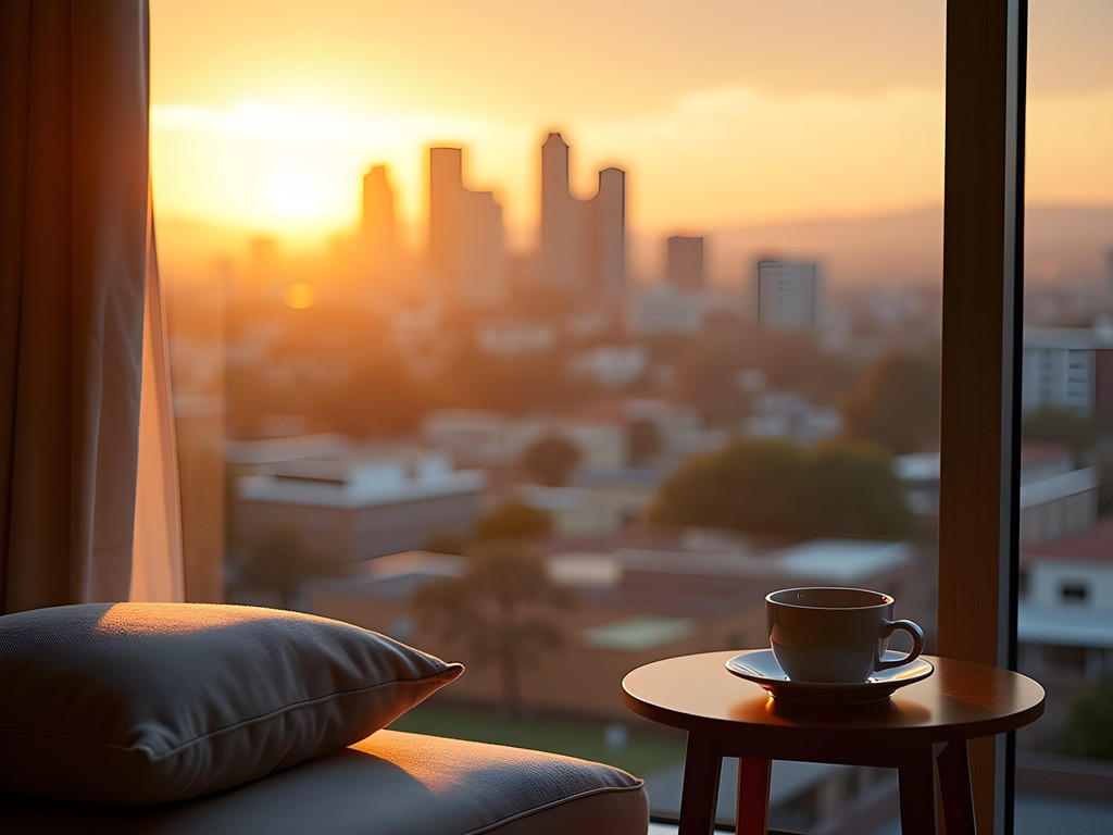 Business traveler meditating at sunrise with San Jose skyline view