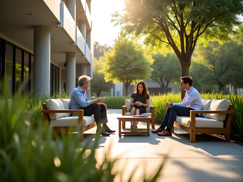 Business professional in casual meeting at outdoor Silicon Valley workspace