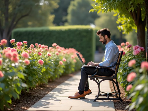 Business professional working on laptop in serene San Jose Municipal Rose Garden