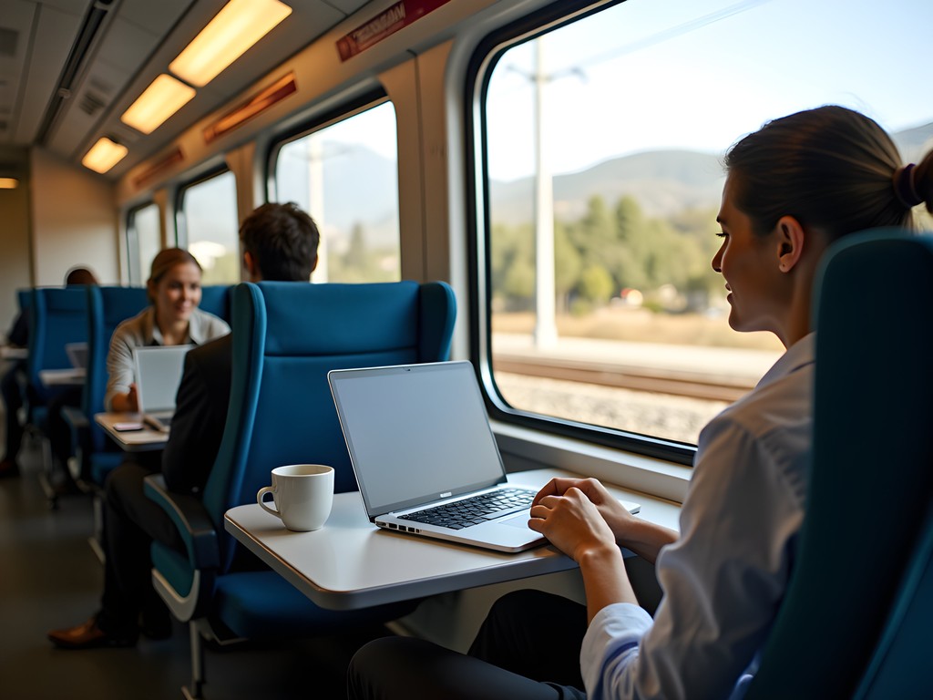 Business professional working on laptop aboard Caltrain between San Jose and Palo Alto