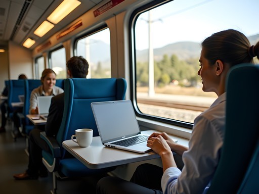 Business professional working on laptop aboard Caltrain between San Jose and Palo Alto