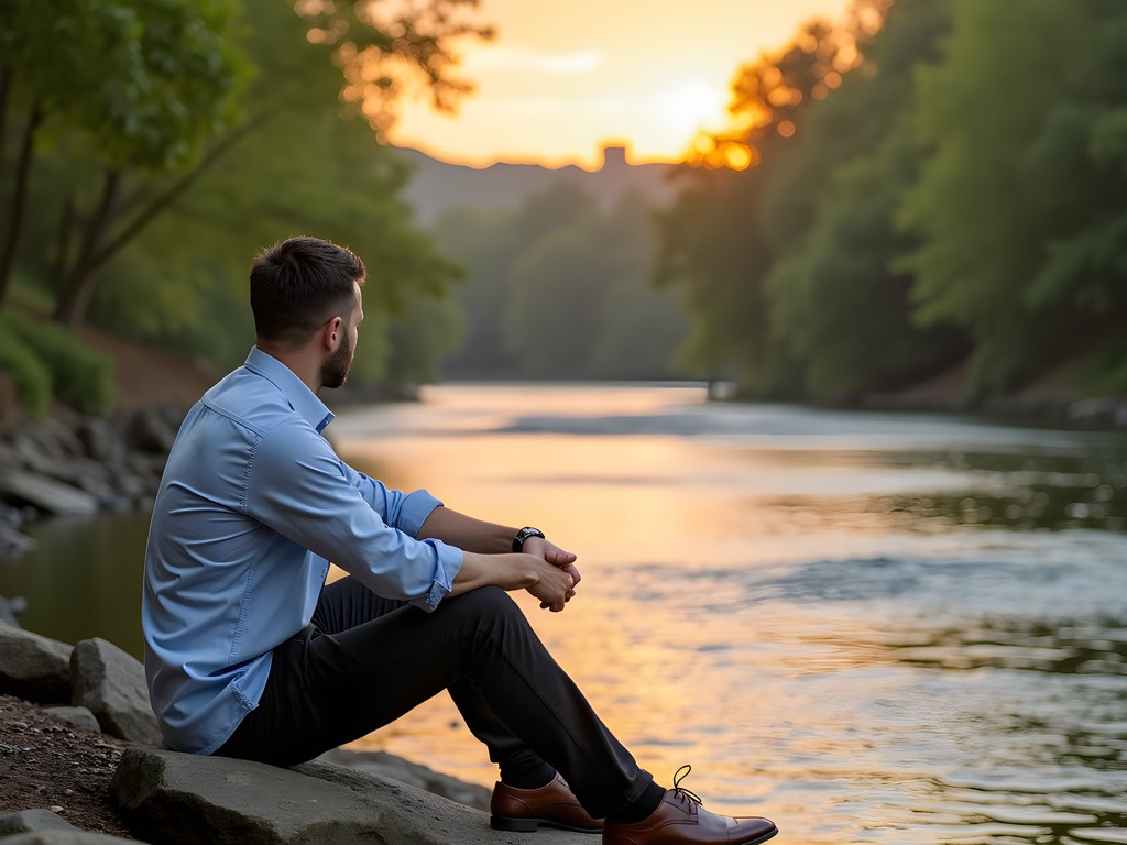 Business professional relaxing by the Chattahoochee River at sunset in Sandy Springs