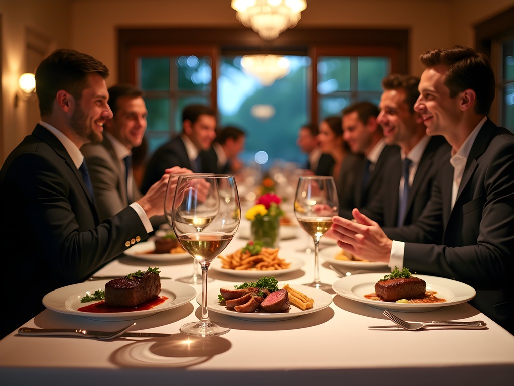 Elegant business dinner at an upscale restaurant in Sandy Springs with professionals networking