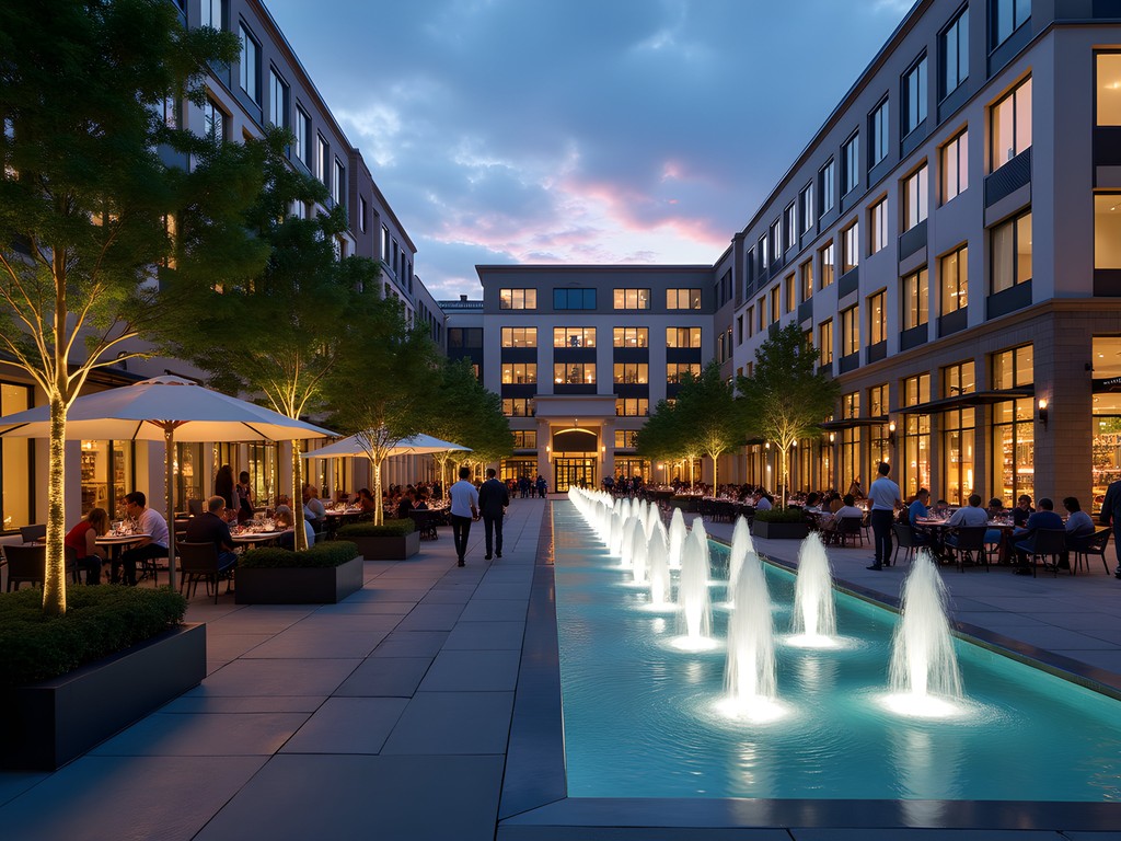 Evening scene at City Springs plaza with business professionals relaxing after work