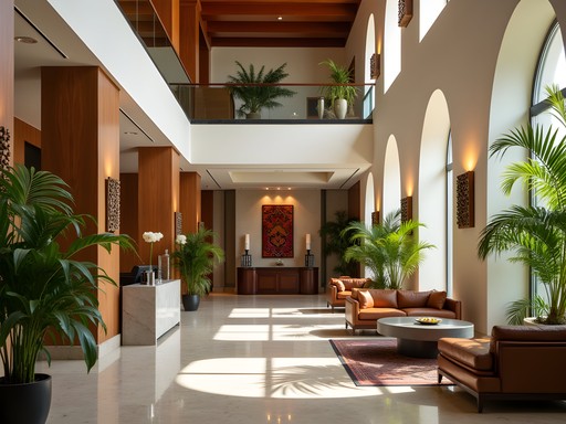 Elegant hotel lobby in Santa Cruz featuring local Bolivian design elements and modern luxury amenities