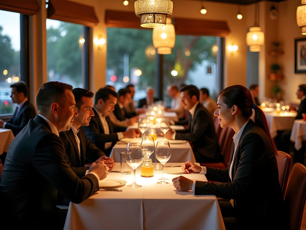 Upscale restaurant in Santa Cruz with business professionals enjoying dinner in an elegant setting
