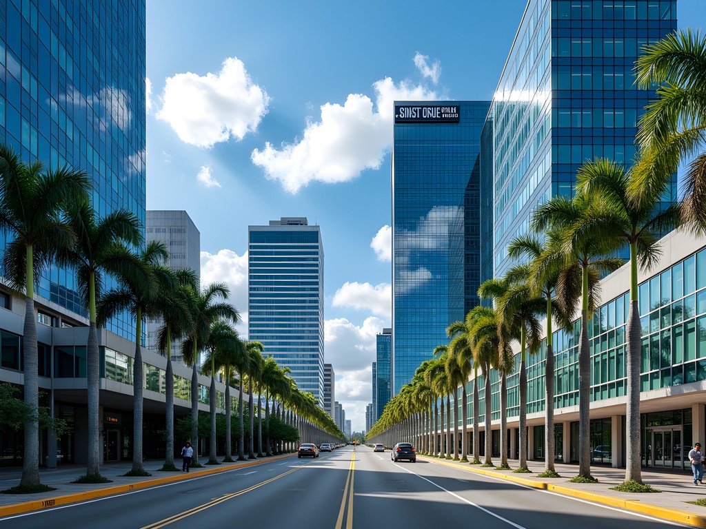 Modern business district skyline in Santa Cruz, Bolivia with palm trees and contemporary architecture