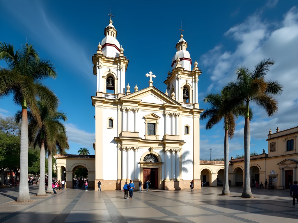 Cathedral Basilica of San Lorenzo overlooking the main plaza in Santa Cruz, Bolivia with colonial architecture