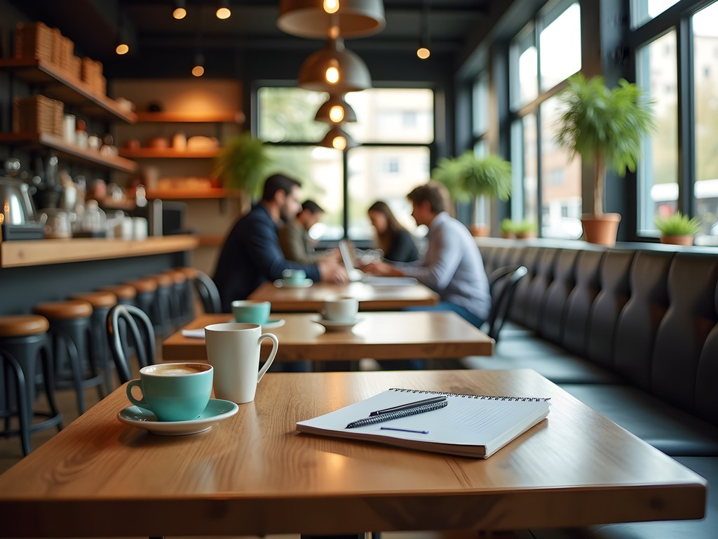 Business professional working at Café Triciclo with laptop and coffee