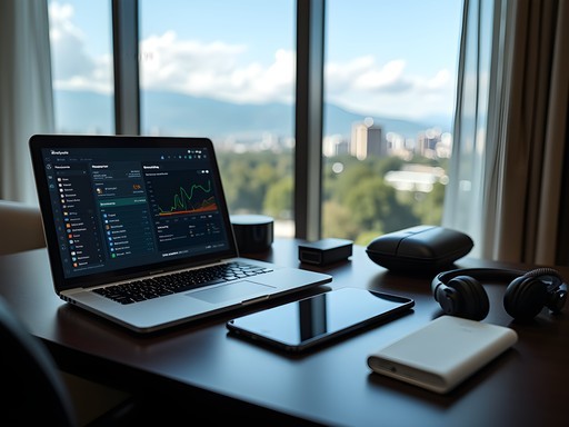 Professional business travel tech setup in Santiago hotel room with devices and adapters