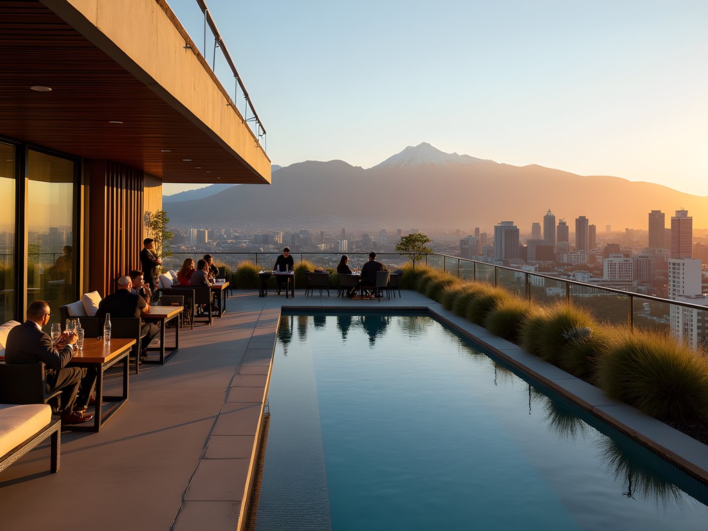 Panoramic view from W Santiago's rooftop showing Andes mountains and financial district
