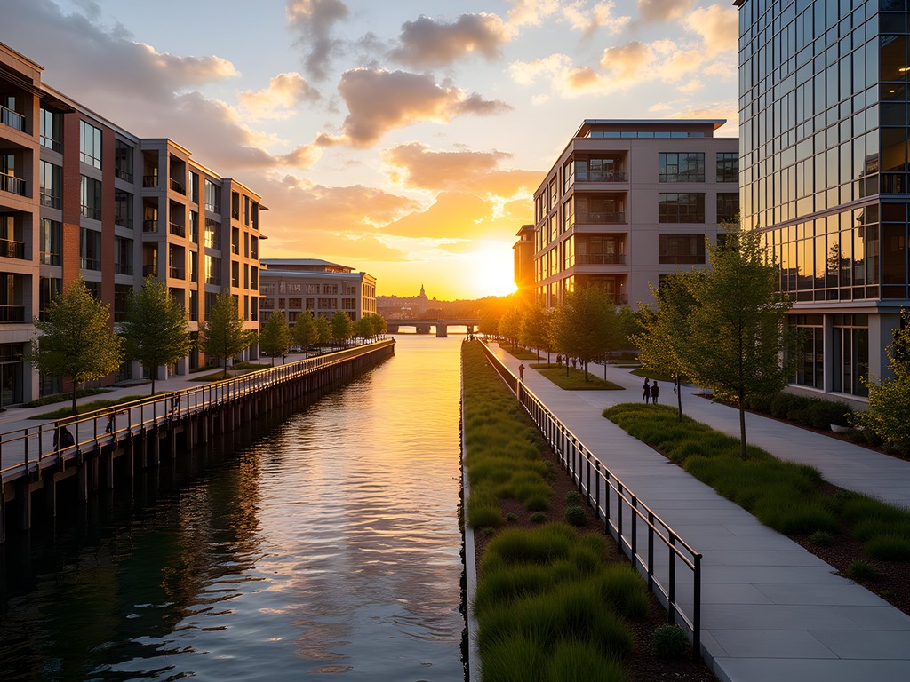 Mohawk Harbor development in Schenectady at sunset with modern buildings reflected in the river