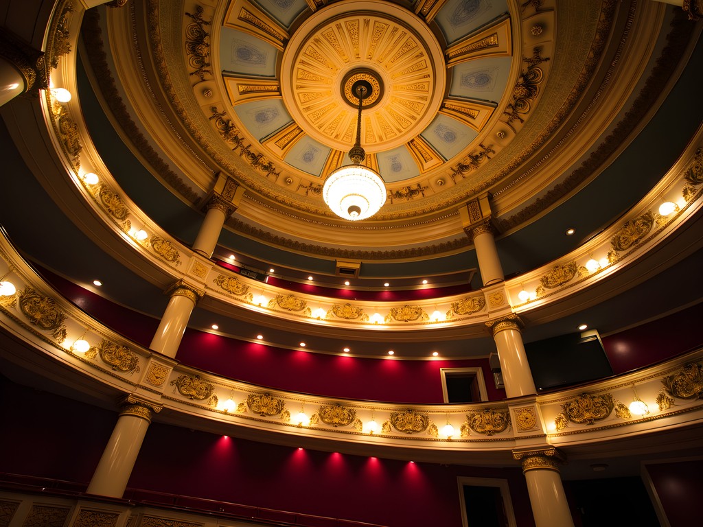 Ornate interior of historic Proctor's Theatre in Schenectady showing gilded ceiling and architectural details
