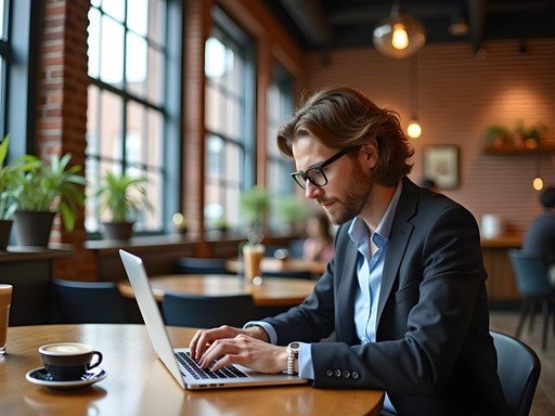 Business professional working on laptop in cozy Schenectady cafe with espresso and pastry