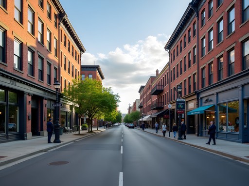 Historic State Street in downtown Schenectady with business professionals walking past renovated storefronts