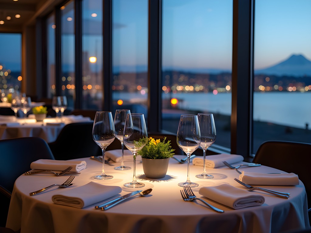 Elegant business dinner at upscale Seattle restaurant with waterfront views