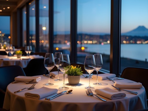 Elegant business dinner at upscale Seattle restaurant with waterfront views