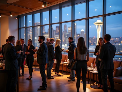 Professional networking event at a modern Seattle venue with Space Needle visible through windows