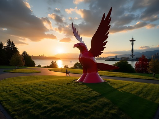 Olympic Sculpture Park in Seattle at sunset with view of Puget Sound and mountains